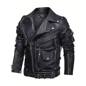 Men's Retro Biker Jacket - Stylish Black, Loose Fit, Durable Polyester, Multiple Zippers & Studded Details for Spring & Fall