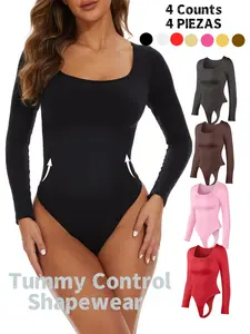 Women's Long Sleeve Square Neck Bodysuit, Seamless Tummy Control Shapewear with Thong, Slimming Waist Shaper, Comfortable Fit, Minimalist