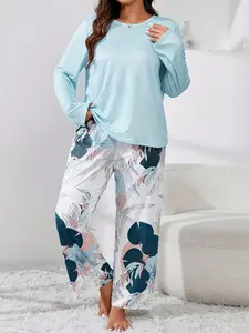 Women's Plus Size Homecoming Suit Set, Fashionable Outerwear Sleepwear Pajamas, Elegant Floral Print Pattern, Soft Comfort Casual Loose Fit Long Sleeve Pants, Loungewear