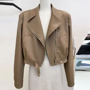 American Retro Brown Leather Jacket Women Short Spring Turn Down Collar Motorcycle Petite Coat