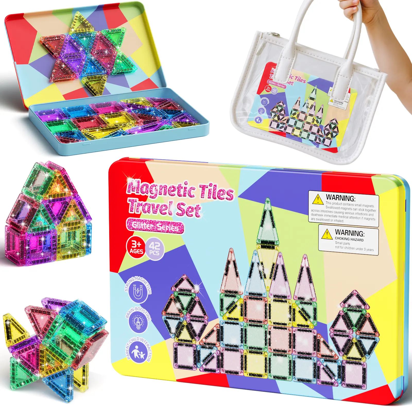 42 Pcs Glitter Shine Mini Travel Magnetic Tiles Building Block Set with Storage Box - STEM Construction Set, Sensory Preschool Educational Toy for Toddlers, Ideal Kids Gift for Ages 2-6
