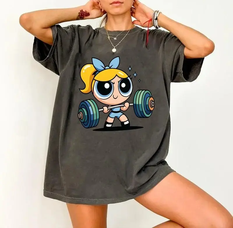 #Powerpuff Girls Bubbles Vintage Gym Girl Shirt, Cartoon Bodybuilding Aesthetic Tee, Cute Workout Unisex Graphic T-Shirt