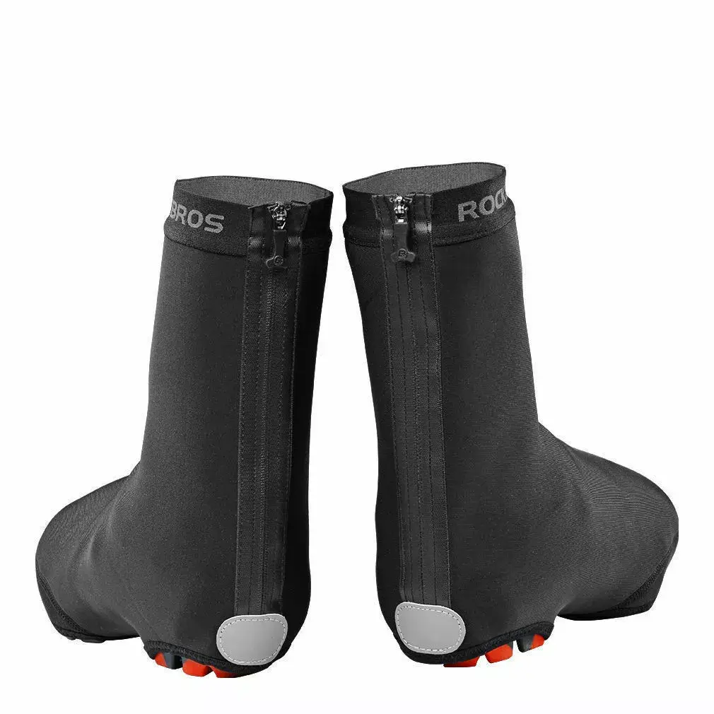 ROCKBROS Male Winter Cycling Shoe Covers - PU+Fleece Warm Overshoes with Lockable Seal, Waterproof Zipper, Reflective Logo, Kevlar Front Guard, Ankle-Length, Water-Resistant, Windproof for Mountain Biking, Outdoor Riding, Shoe Liners
