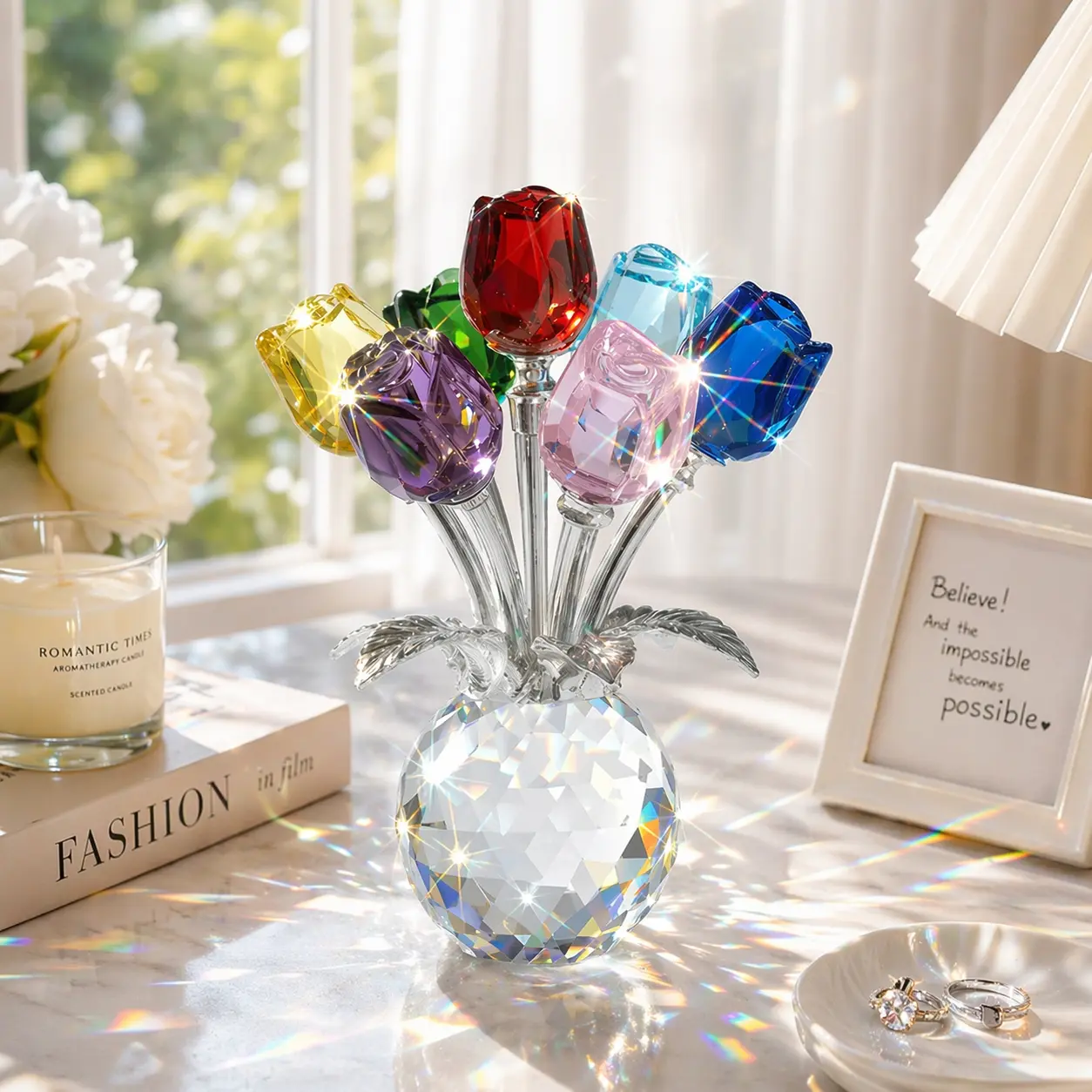 Colorful Faceted Glass Crystal Tulip Ornaments, Sparkling Crystal Flowers for Home Floral Decor, Elegant Gift for Adults on Mother’s Day-Valentine’s Day, Desk Accent