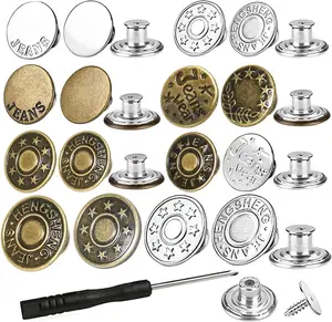32 Sets Jeans Buttons Replacement, 17 Mm and 20 Mm No-Sew Removable Metal Buttons Replacement Repair Combo Thread Rivets and Screwdrivers in Storage Box, Women and Men'S Jeans Clothing Supplies No Brand