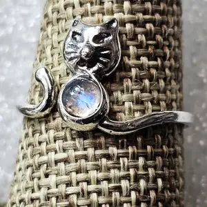 Cat Lovers Adjustable size 5-9 Natural Rainbow moonstone Sterling Silver mark 925 ring round stone 4 mm gift box included