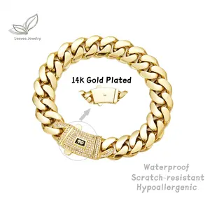 14K Real Gold-Plated Miami Link Cuban Bracelet with Chain and Diamond Clasp Anti-Friction Colorfast Waterproof Stainless Steel Thickened Design Chain Width: 6/8/10/12/14mm Perfect for both casual and formal wear a versatile gift for men and women