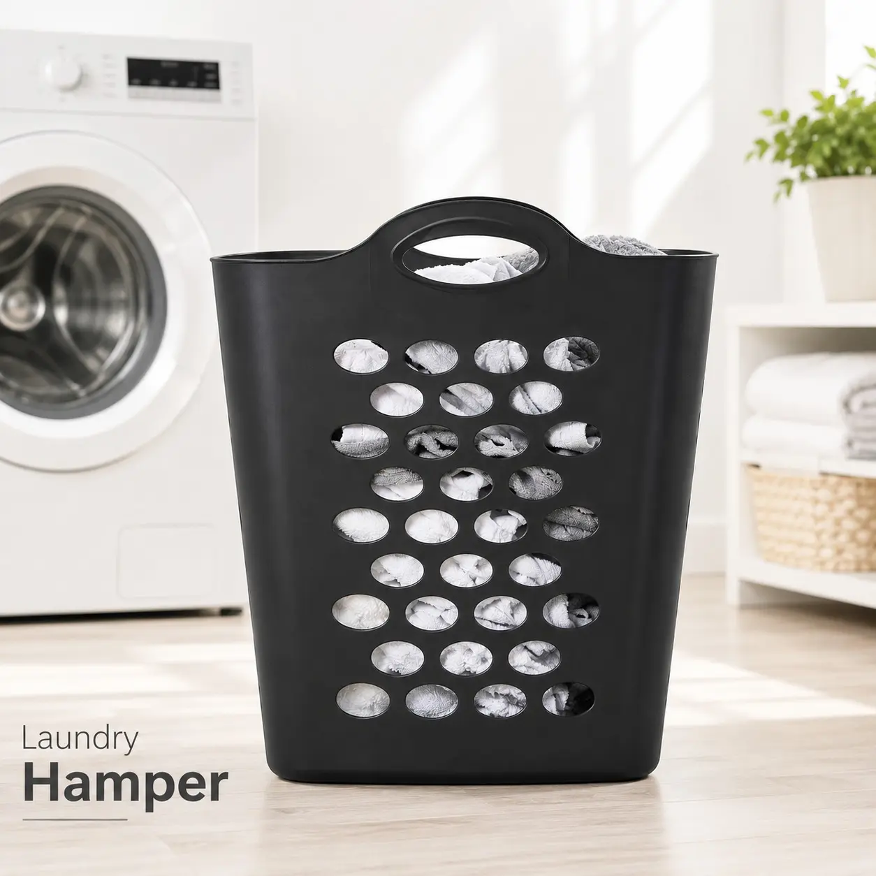 Mainstays Flexible Square Laundry Hamper, Black Plastic Clothes Basket with Built-In Handles, Lightweight Laundry Basket for Bedroom, Bathroom, Dorm & Laundry Room