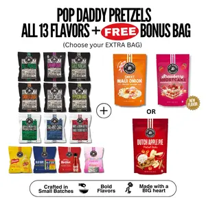 Pretzel Sampler Pack - 13 bags + STRAWBERRY SHORTCAKE or SWEET MAUI ONION PRETZEL STICKS or DUTCH APPLE PIE - Pop Daddy Snacks