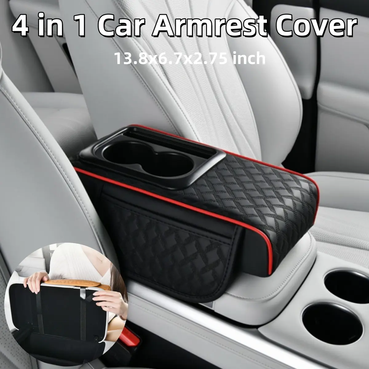4-in-1 Universal PU Leather Car Armrest Pad (13.8x6.7x2.75in) - Center Console Cover Protector with Cup Holder & 2 Pockets, Multifunctional Car Interior Accessories for Vehicle Stowing & Tidying Solutions, Accessories For Car