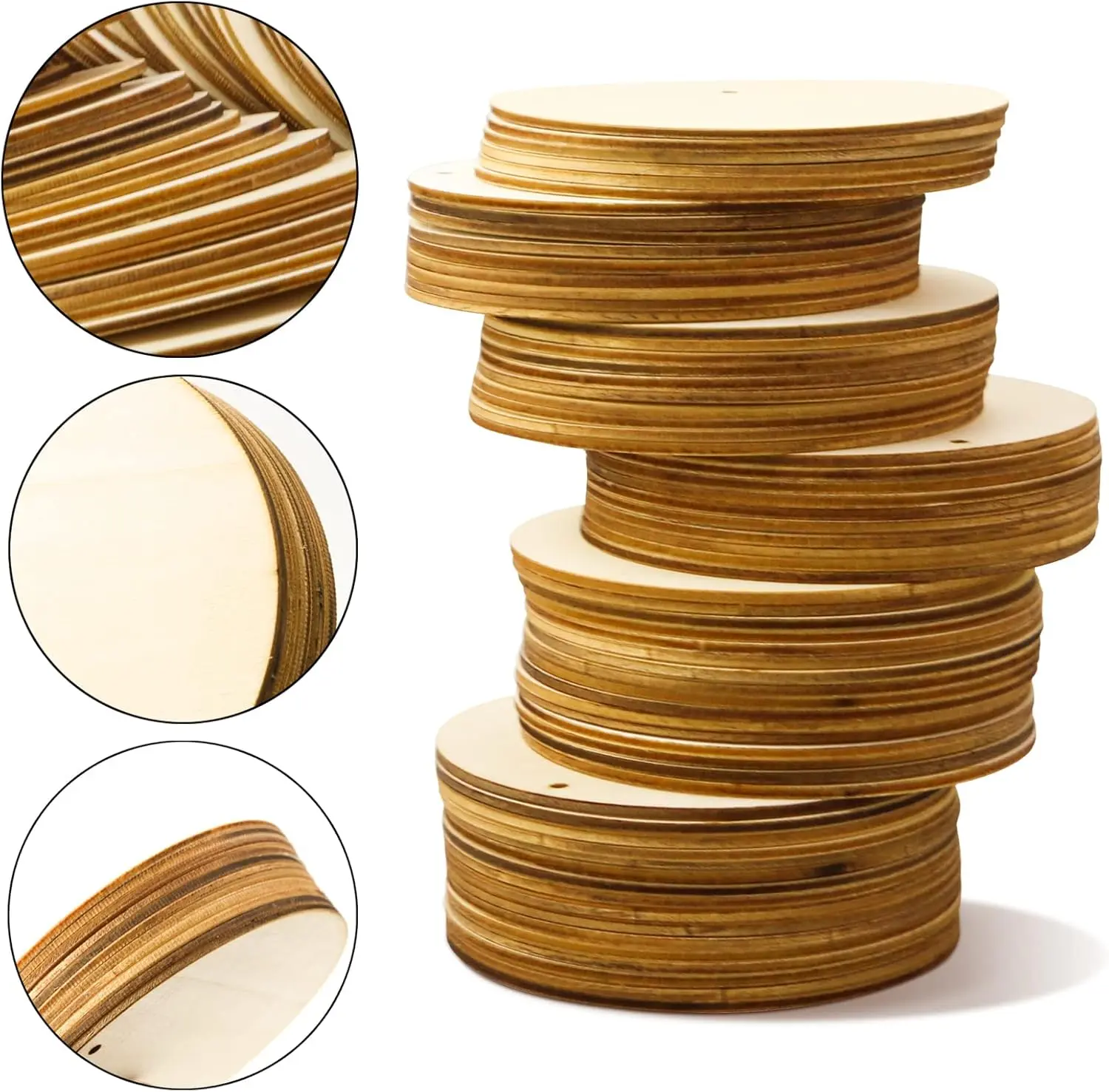 100 PCS 4 Inch Wood Circles for Crafts – Round Blank Discs with Holes, Unfinished Wooden Cutouts for DIY, Painting, Staining, Coasters, Home Decor,Laser Engraving Sign Blanks, Ornament Tags
