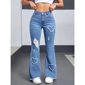 Stylish heart embroidered flare leg stretchyjeans-ripped raw hem, soft denim fabric,comfortable fit,women's fashion denimpants & Clothing