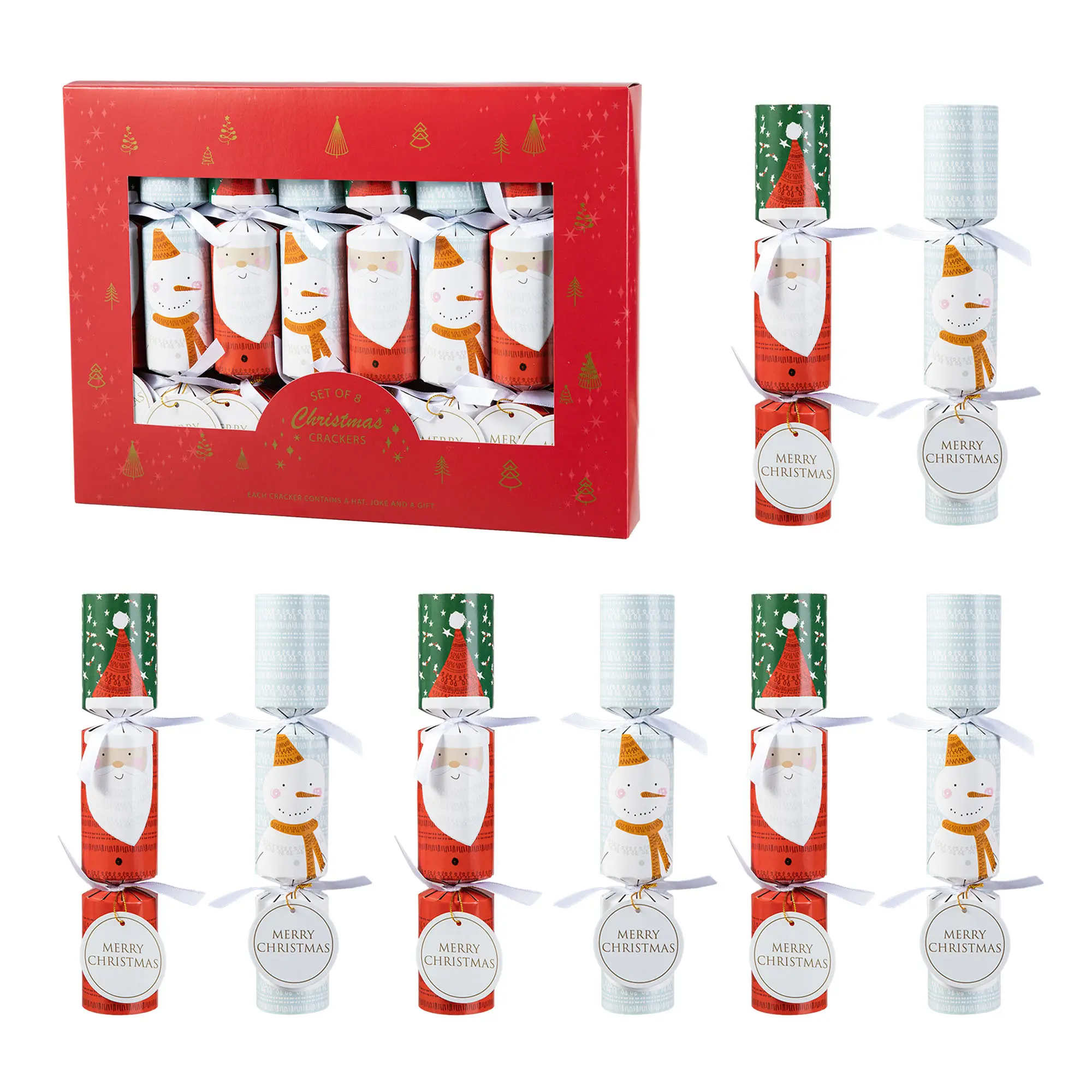 Glitzhome 8PK 1.50''D X 10.00''H Christmas Santa & Snowman Party Cracker with Gift Contents