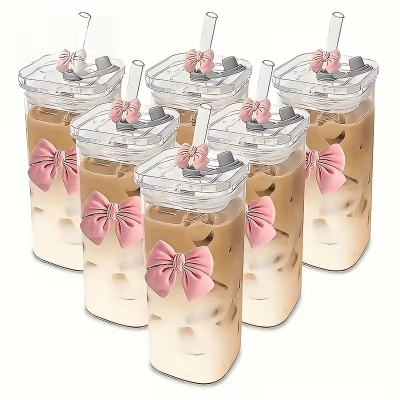 6pcs Square Glass Cups With Lids, 13oz, Perfect Coffee Cups, Include Straws, Gift For Cup Collectors, Great For Office, Home, School, And Outdoor Use, Weddings, BPA-Free