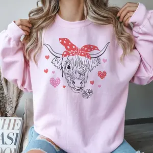Highland Cow Valentine Sweatshirt Cow with Bow Pullover Valentine Cow Sweater Love Cow Sweatshirt Womens Cozy Pullover Heart Sweatshirt Winter Sweatshirt Country Valentine Pullover Farm  Sweatshirt Pink Heart Sweater Womens Sweatshirt Fabric Womenswear