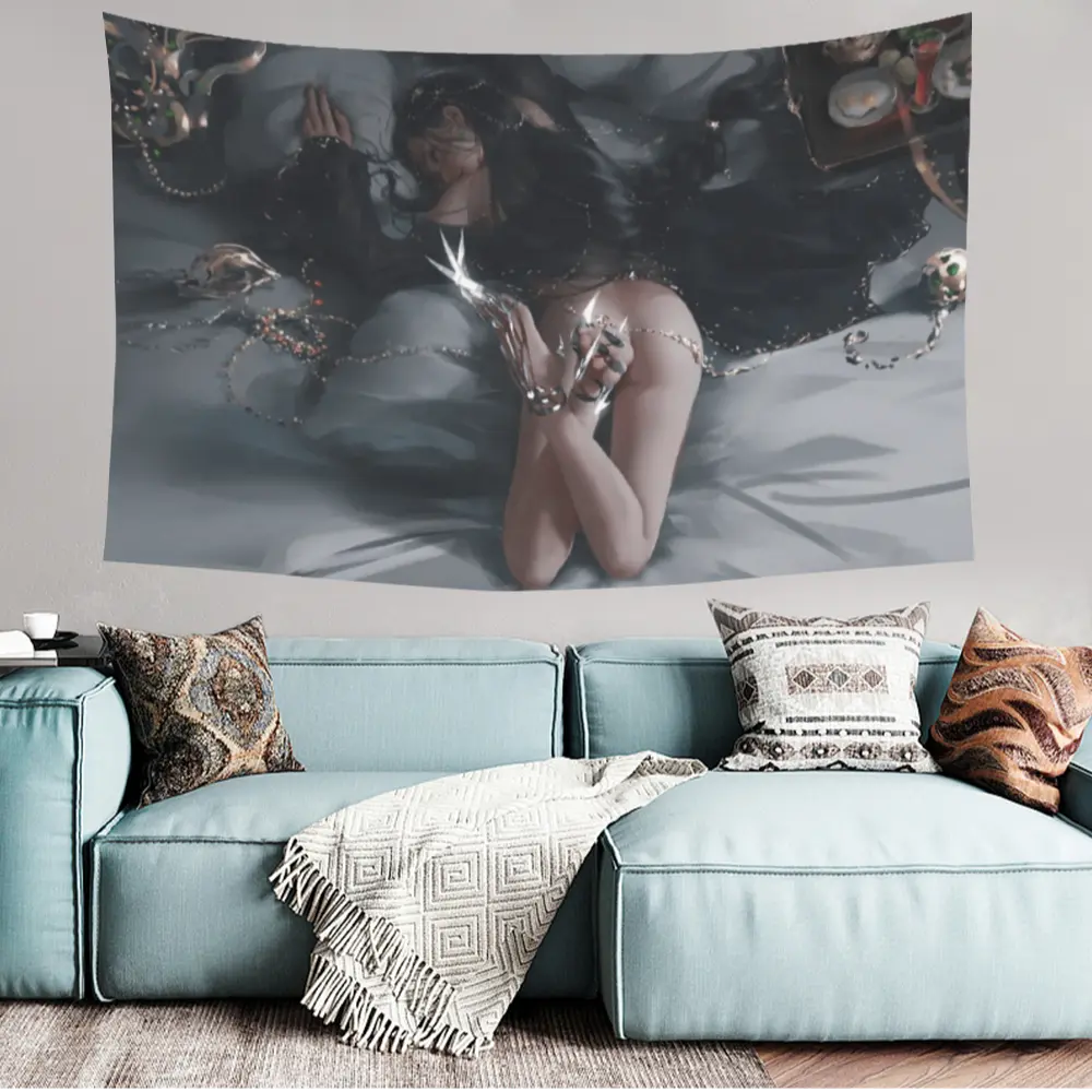 Dark Fantasy Anime Girl Polyester Tapestry - Gothic Aesthetic Goth Home Decor, Trippy Tapestry Wall Mural, Decorative Fall & Football Season Room Hanging, Decorative Tapestry