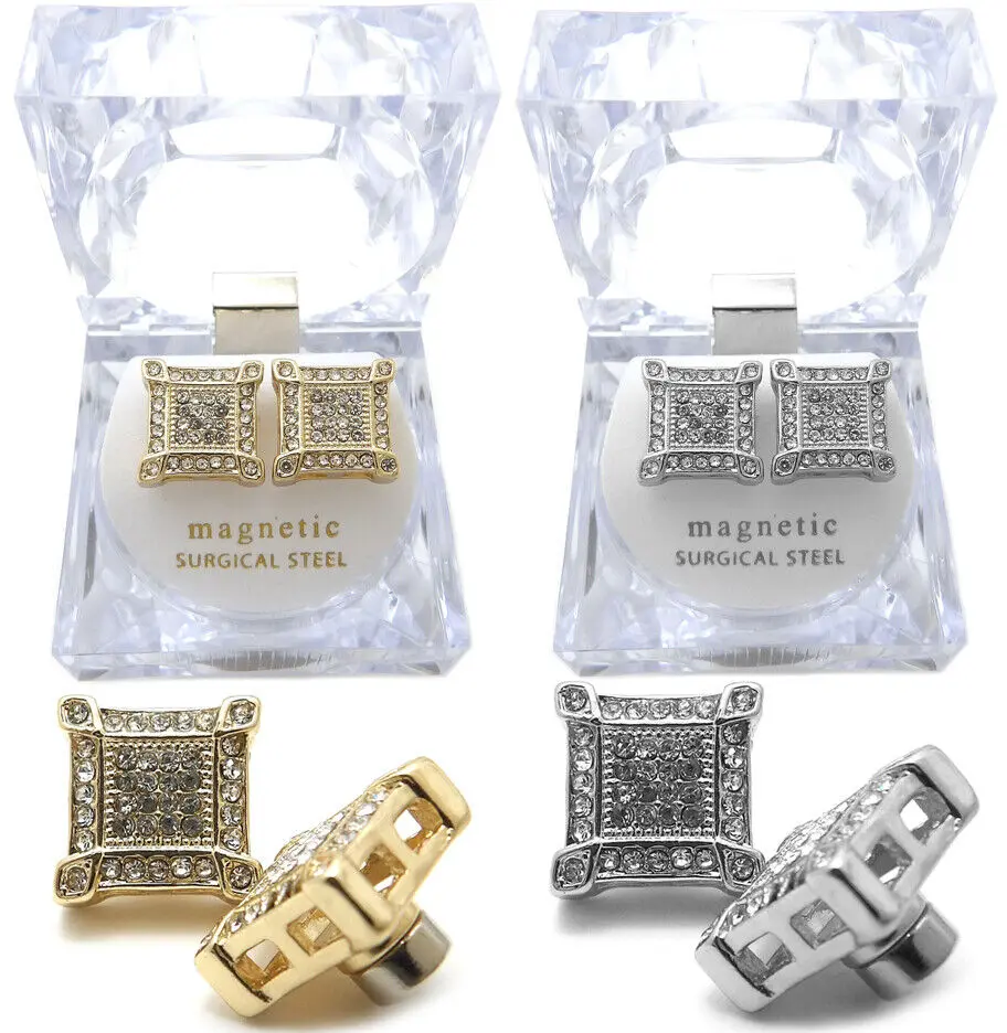 MaxBling81 Magnetic Earrings Set, Gold-Plated Alloy Huggies with Square CZ, Unisex Hip-Hop Style, 0.5 in Non-Piercing, Fashionable Huggie Earrings, Men's Earrings