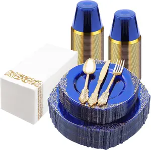 175PCS Clear Blue Plastic Plates -  Disposable Gold Plastic Plates Sets Include 25Dinner Plates, 25Dessert Plates, 25Cups, 25Forks, 25Knives, 25Spoons, 25Napkins for Weddings & Father's Day