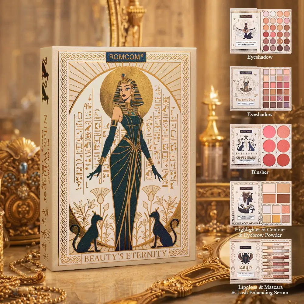Premium Egyptian Style Beauty Bundle Kit, Beauty Essentials, Complete Full Face Makeup Set with Eyeshadow Palette, Blush, Highlight Contour, Brow Powder, Lip Gloss & Mascara, Cleopatra Themed Cosmetic Gift Box, Facial Makeup Set Beauty Sets