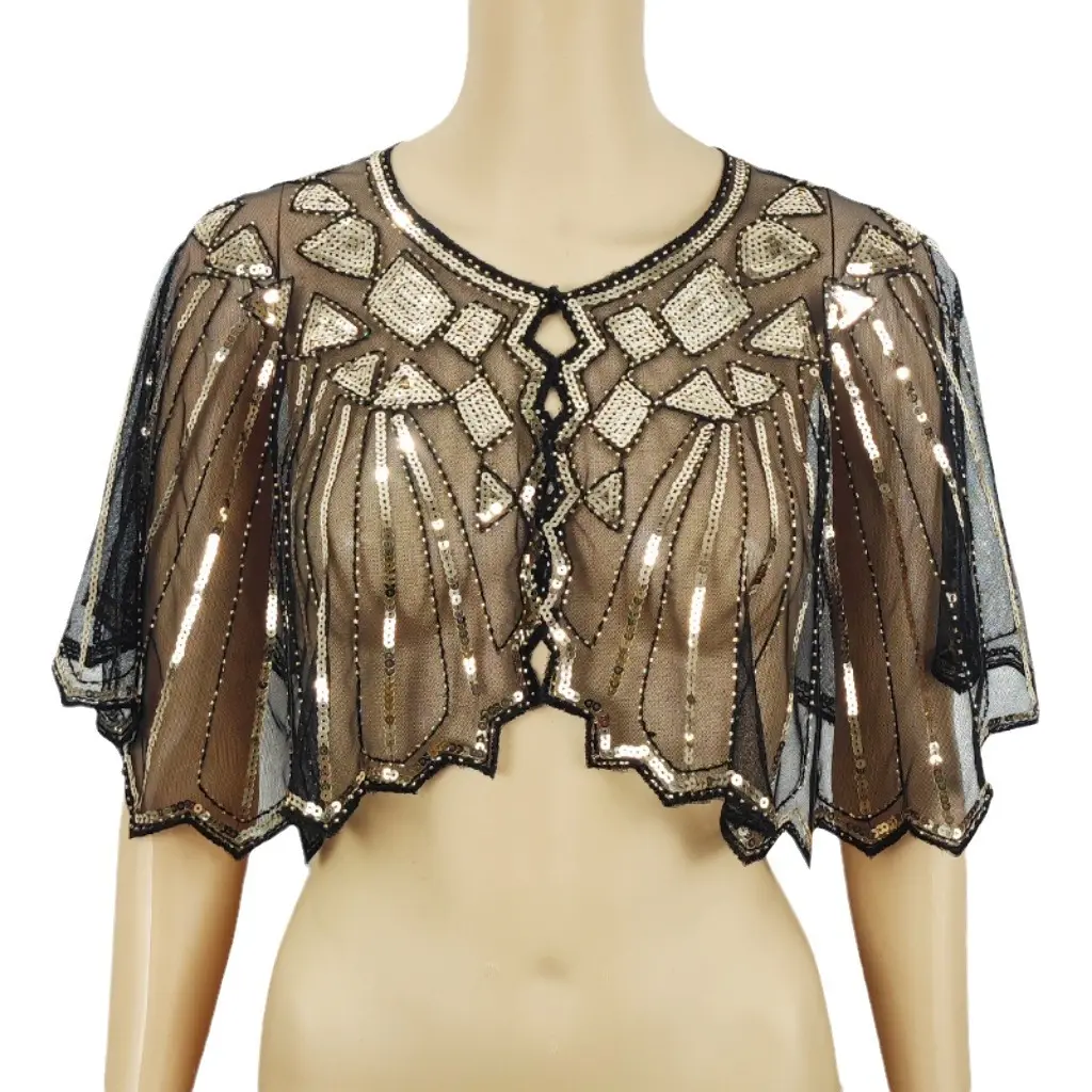 Women's Elegant Sequin Bolero Shrug with Beaded Embroidery, Sheer Polyester Cover-Up Accessory for Bridal Wedding & Evening Party