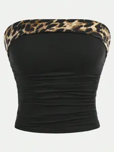 Teenage Girls Fashion Crop Top Leopard Print Retro Shirt, Perfect for Parties, Casual Wear, School, Daily Activities