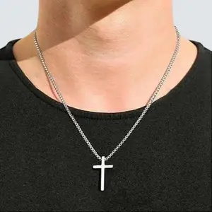 Cross Necklace for Men, Silver Tone/Gold Plated Mens Women Cross Necklaces Cuban Chain 18 Inch, Simple Cross Pendant Choker Necklace Simple Tiny Necklace Gift For Boy, For Summer dealsforyoudays`