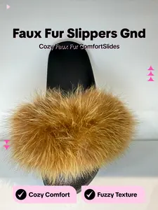 Faux Fur Slides, Furry Slippers for Women Fuzzy Fluffy Sandals Shoes ds25 coffee