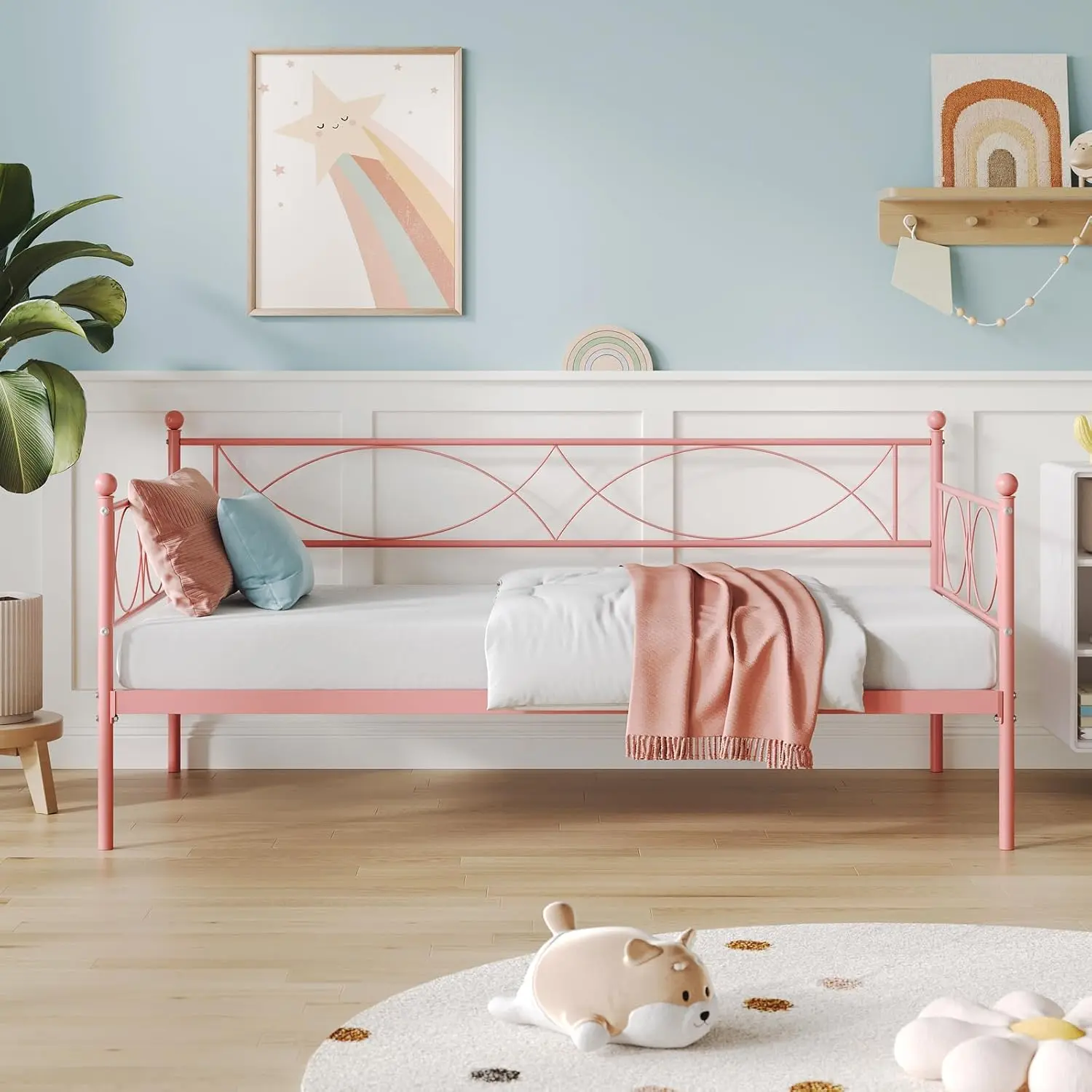 Twin daybed with Trundle, Metal Twin Daybed and Trundle Set, Day Bed Sofa Bed Frame with Steel Slat Support, Multifunctional Daybed Frame for Bedroom (Pink Daybed)