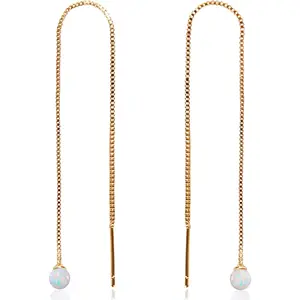 Threader Earrings for Women with Simulated Pearl or Created Opal Stones - 14K Gold Plated or 925 Sterling Silver Plated Long Chain - Hypoallergenic, Safe for Sensitive Ears