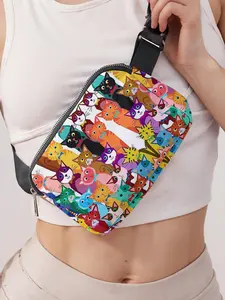 Cute Cat Pattern Fanny Pack, Colorful Large Capacity Travel Organizer, Portable Travel Belt Bag, Casual and Stylish Crossbody Bag with Zipper Closure, Zipper Bum Bag