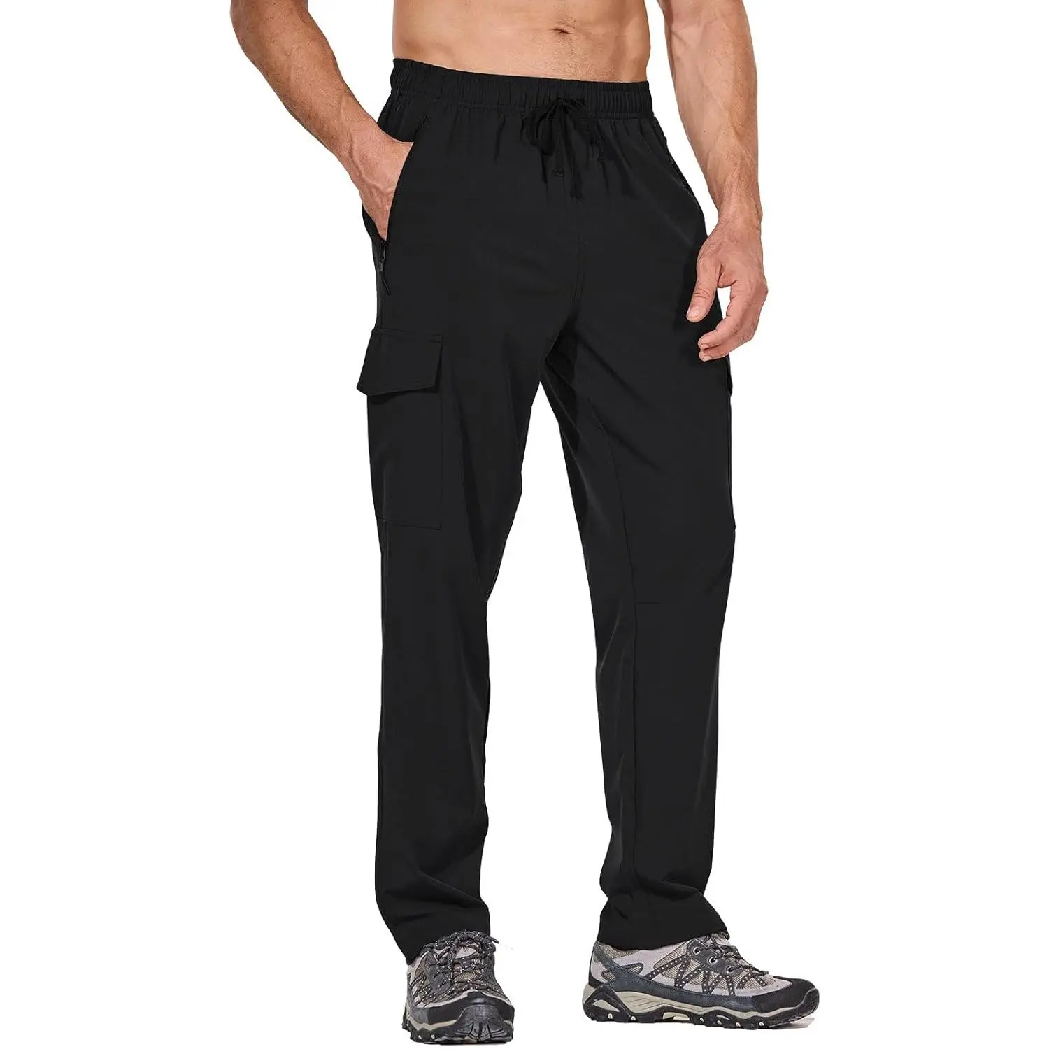 Baleaf Men's Sporty Style Hiking/Light Outdoor Pants - Water Resistant, Quick Dry, Flexible Lightweight Cargo Sweatpants with Elastic Waist, Front Zip Pockets, Ample Storage, UPF 50+ for Hiking, Work