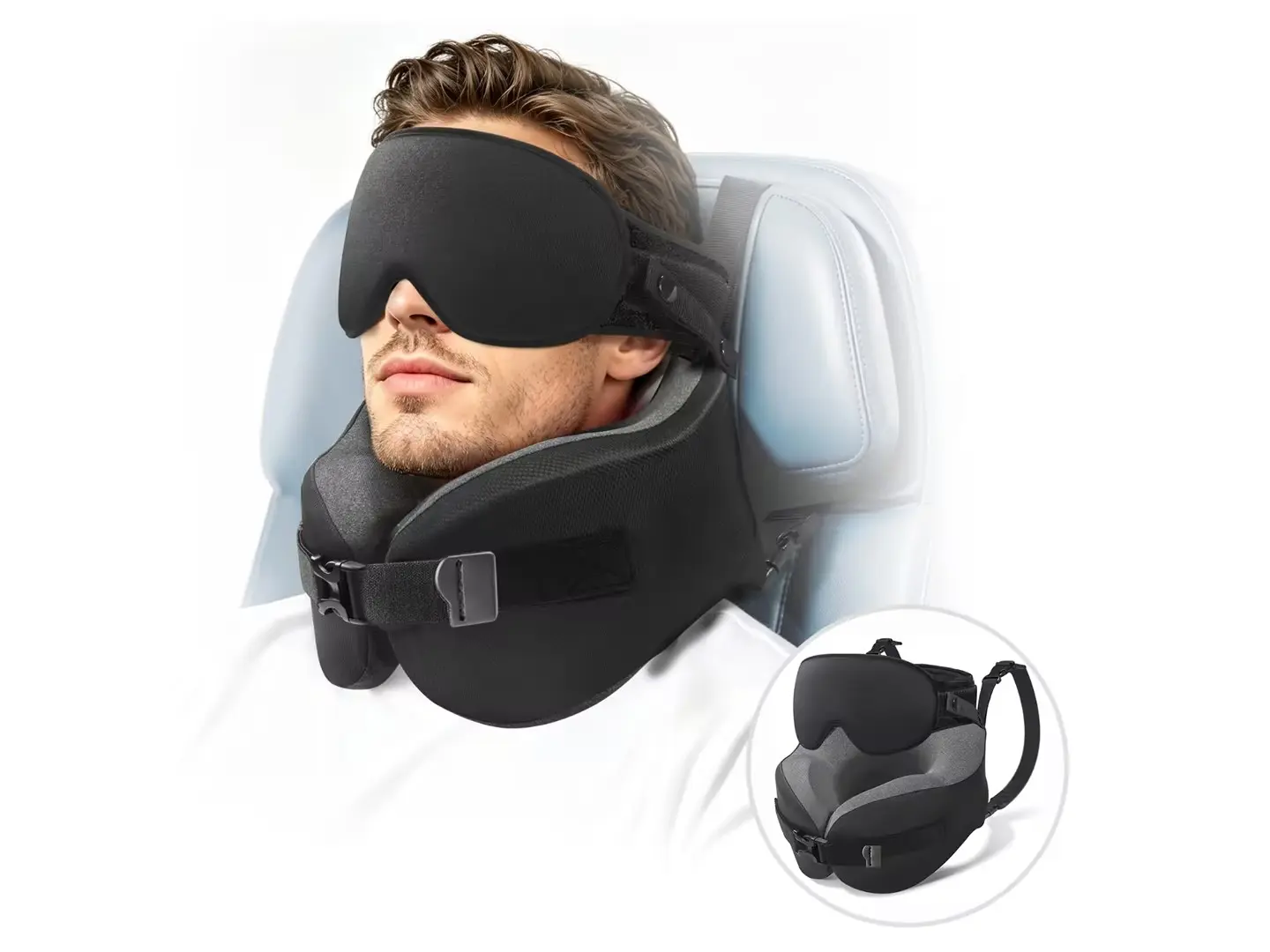 Travel Pillow with Head Support & Sleep Eye Mask for Long Flights, Christmas Gift, Travel Lover Gift, Birthday Gift for Him, Black