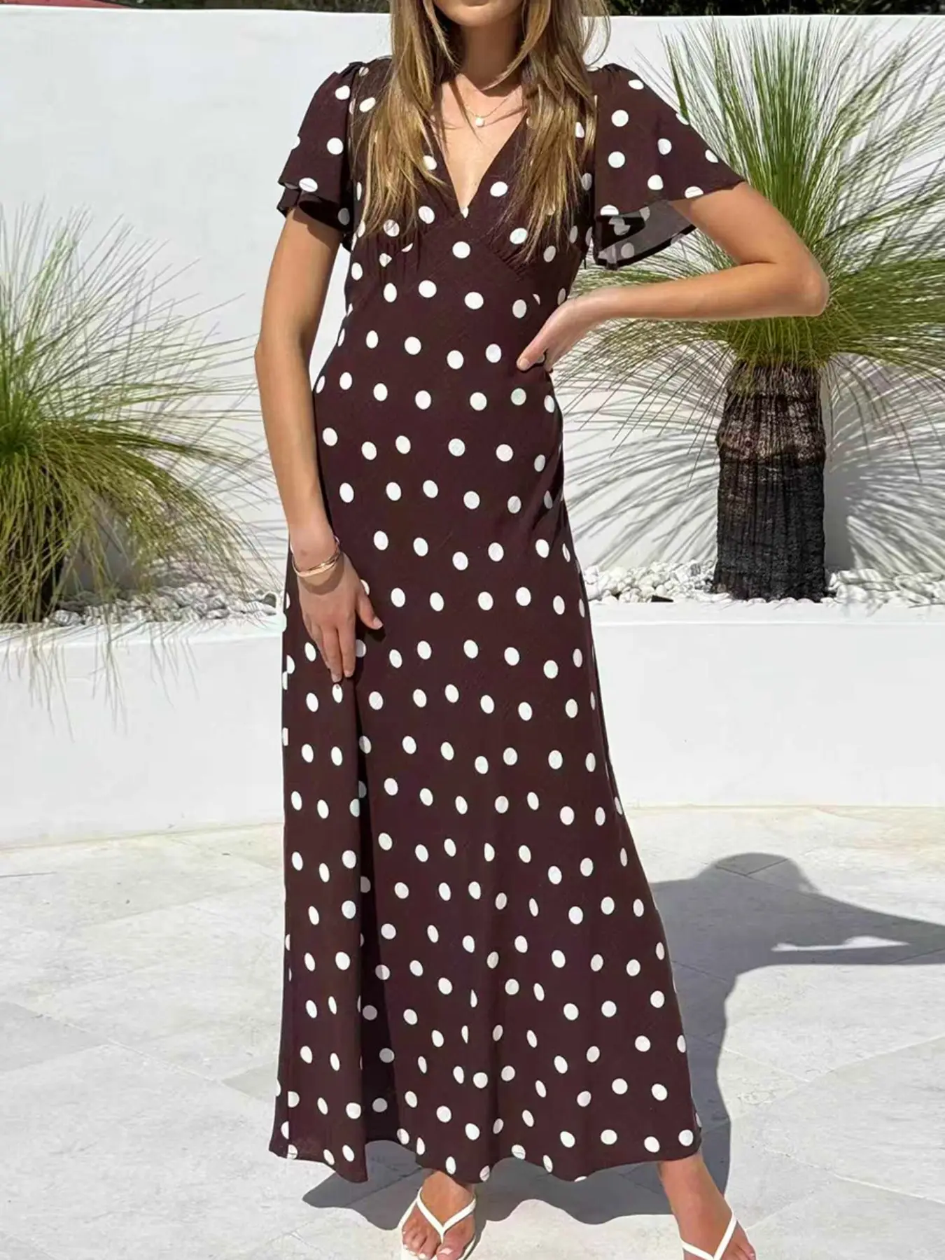 Polka Dot V Neck Maxi Dress Women Casual Daily Outfit Vacation Holiday Wear Elegant Long Summer Dress