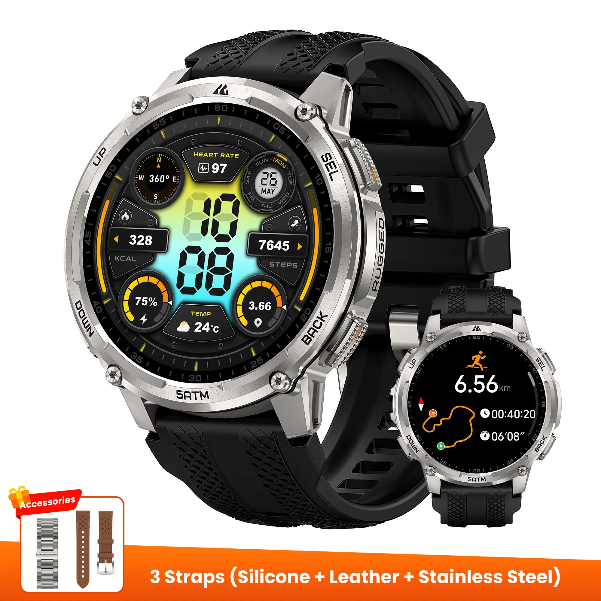 Silver+Stainless Steel Strap+Leather Strap