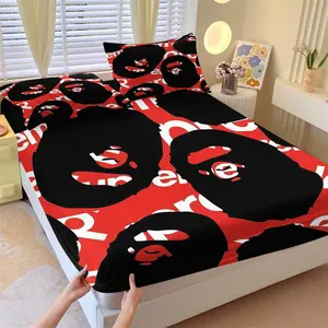 Streetwear Red Black Monkey Fitted Sheet Set, 1 Fitted Sheet + 2 Pillowcases, Cool Ape Head Pattern Bedding, Soft Microfiber Bed Linen for Teens, All Season Bedroom Decor