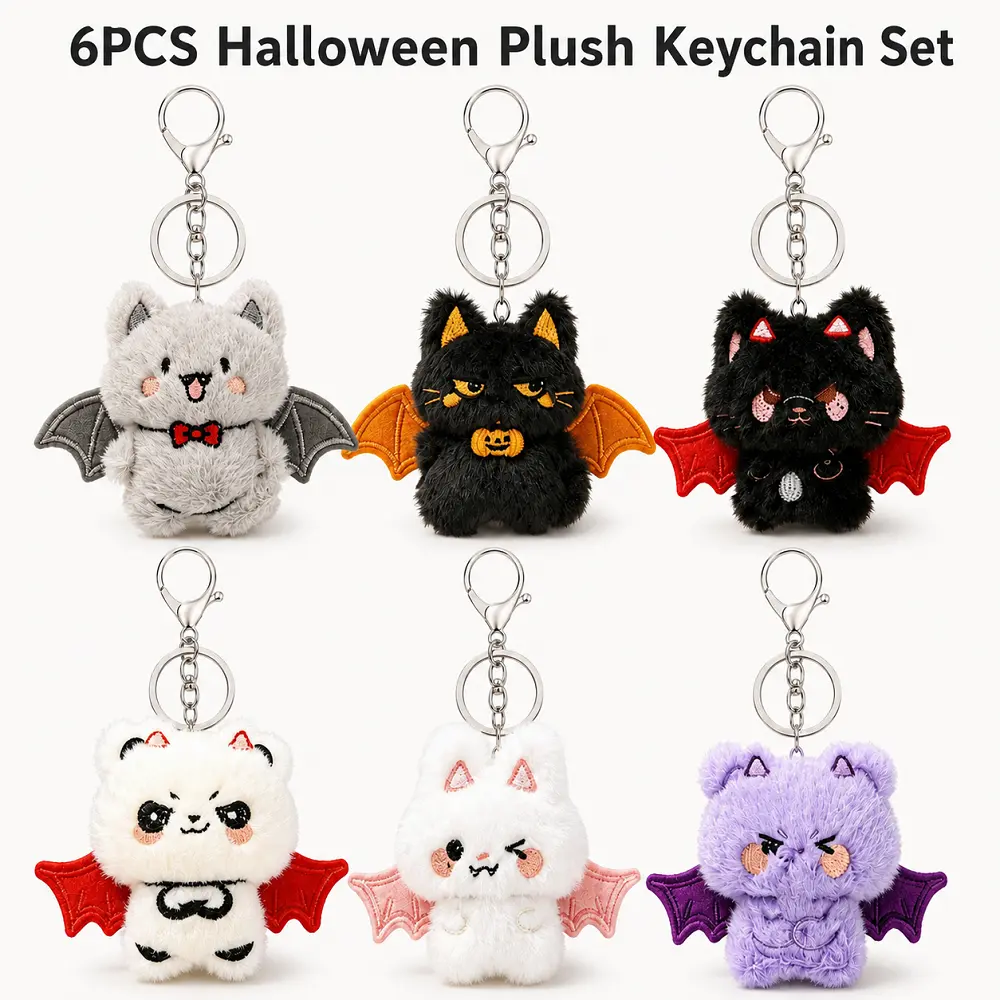 6PCS Halloween Plush Keychain Set Cute Bat Devil Stuffed Animal Keychain Bag Charm for Gift Party Favor