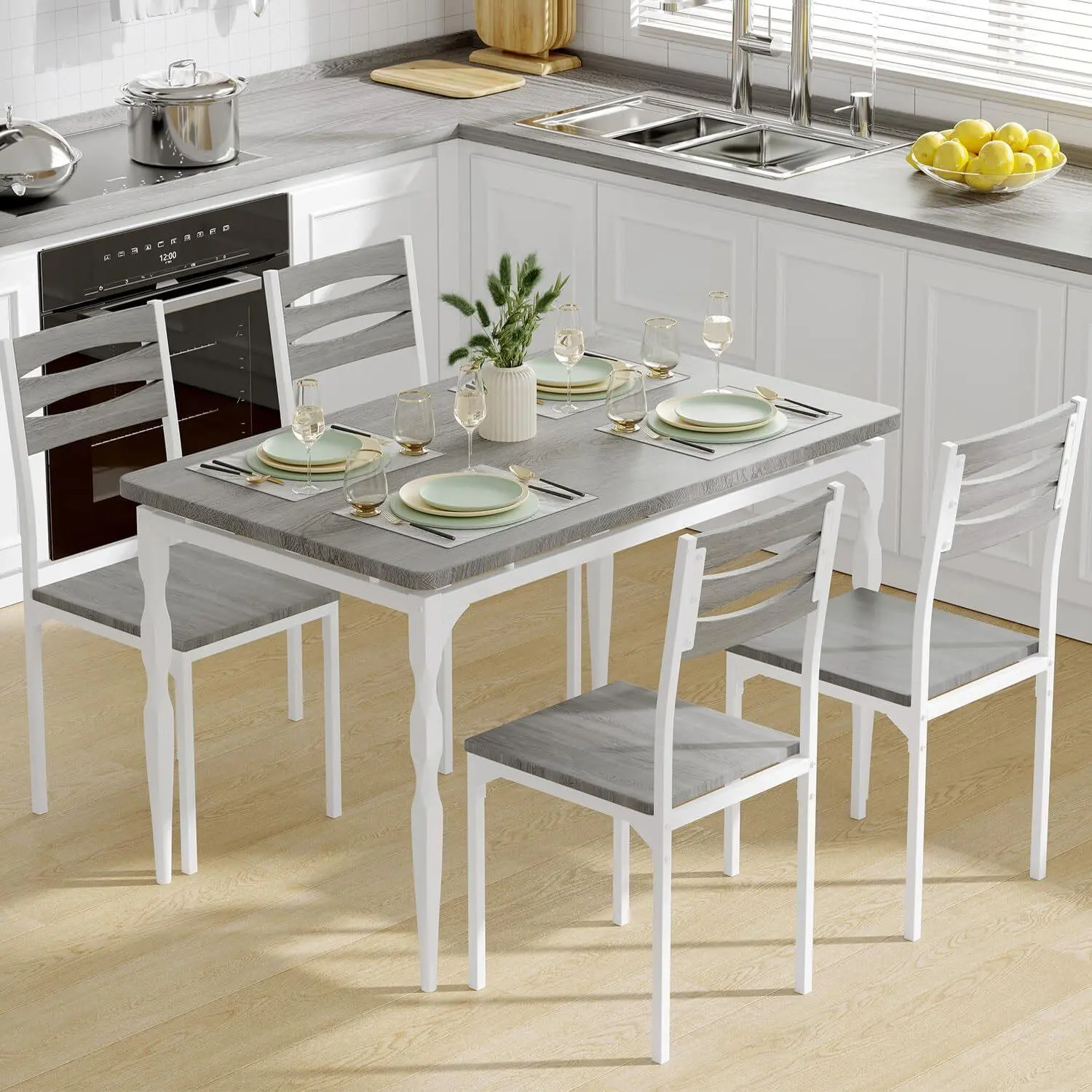 Farmhouse Table Set - 5-Piece Compact Industrial Rustic Ergonomic Sturdy Scratch-Resistant Indoor Furniture with MDF Top & Spiral Metal Legs, 4-Seat Armless Assembly Required Studio Apartment Furniture for Apartment Decor Ideas