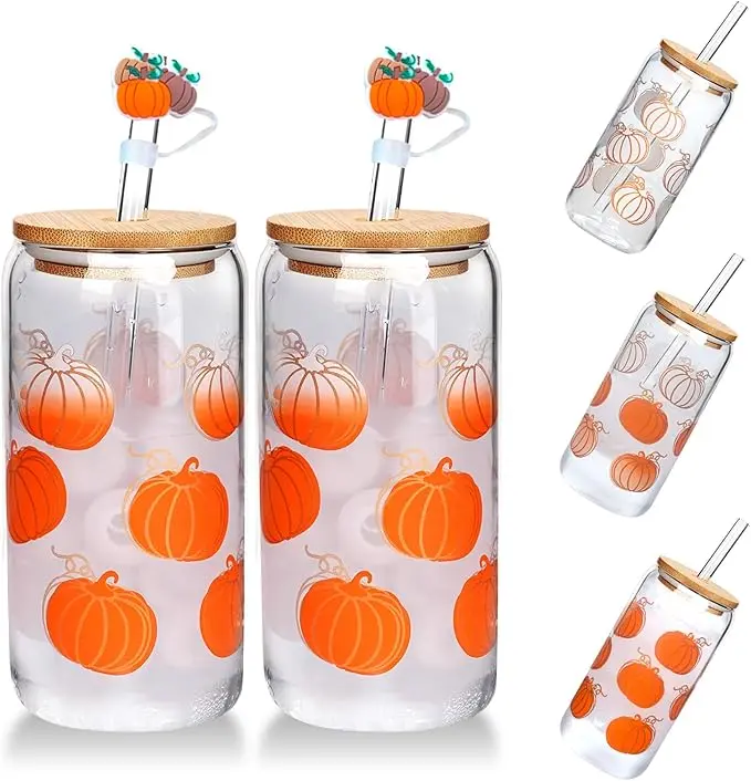 Delightful 18oz Pumpkin Glass Cups–Thoughtful Halloween Gifts for Women! Drinkware Autumn Coffee Tumblers