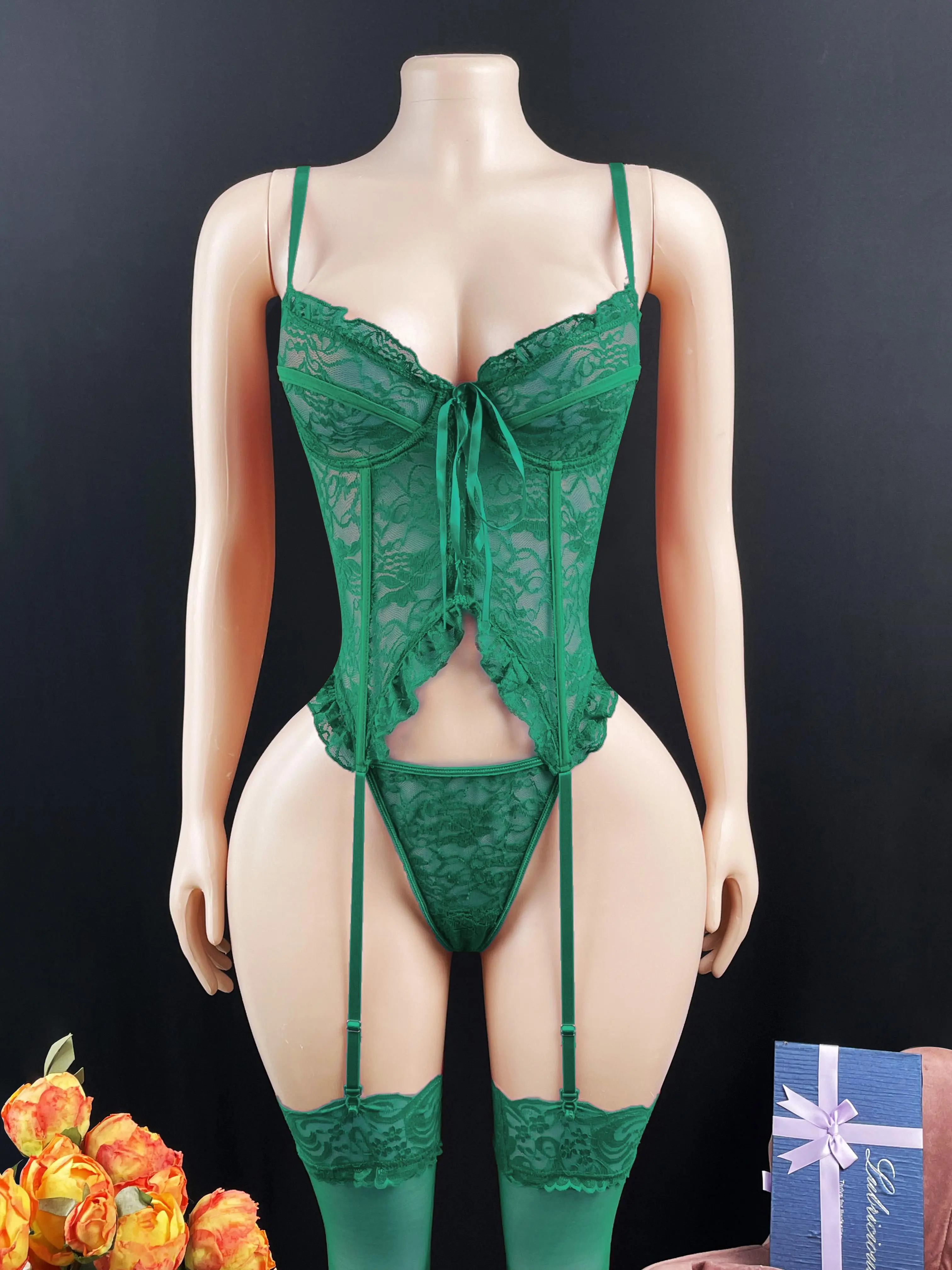 Women's Plant Print Lace Bodysuits, Sexy Look Teddy Lingerie with a Deep V-Neck Cut and Front Strap Detail, Soft Lace