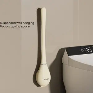 UFORU Wall Mounted Silicone Toilet Brush & Holder Set - Long Handle Flat Tip for Easy Corner Cleaning - Space Saving Bathroom Accessory - Restroom