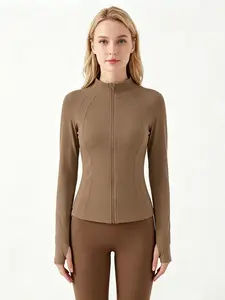 Golden Zipper Women's Long Sleeve Sportswear Jacket, Thumb Hole Design, Casual Slim Fit, Solid Pattern, Ideal for Daily Wear & Sports, All Seasons