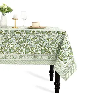 Cotton Block Print Tablecloth – Agate Green