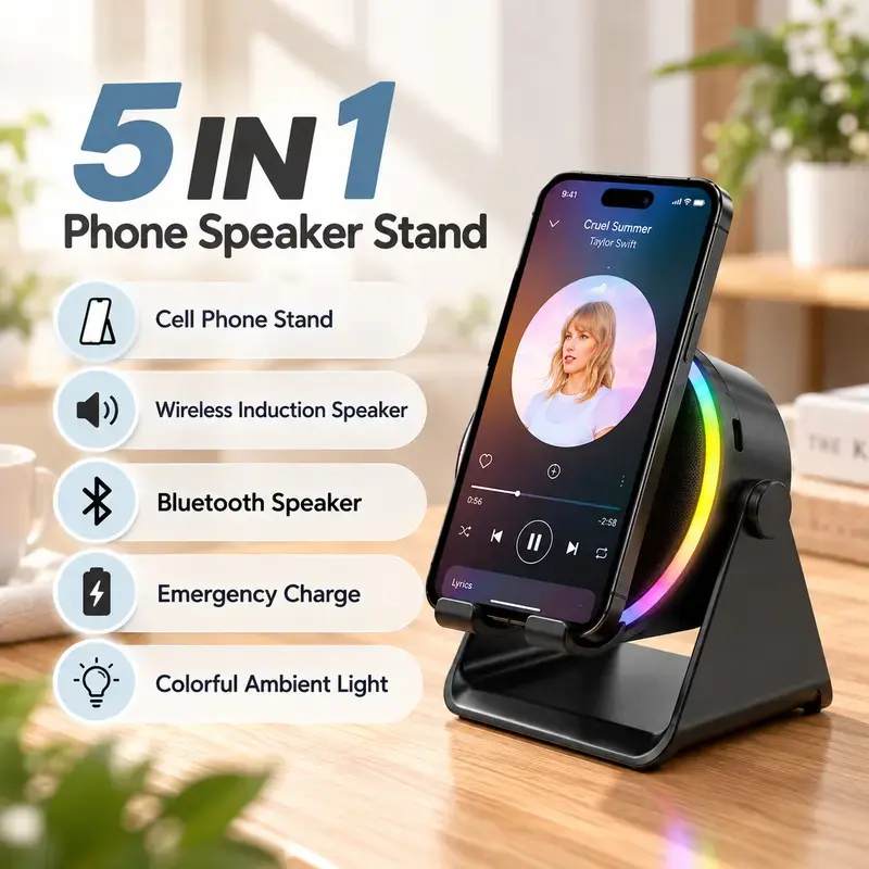 Novasy 5-in-1 Wireless Induction Bluetooth Speaker - 360° Rotatable LED Light Stand, 10 m Range, Universal Smartphone/Tablets Charger, Surround Sound, Speaker Phone Holder, Portable Desktop Gift for Cooking, Adults