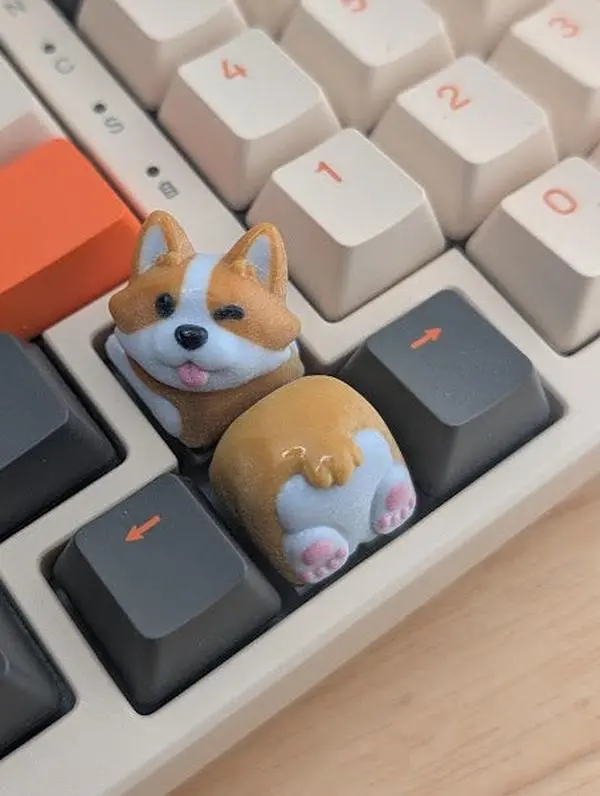 2pcs Hiko3D Design Corgi Artisan Keycaps - 3D Printed High-Quality Resin, Smooth Finish, Durable Surface, Cherry MX Keyboard Compatible