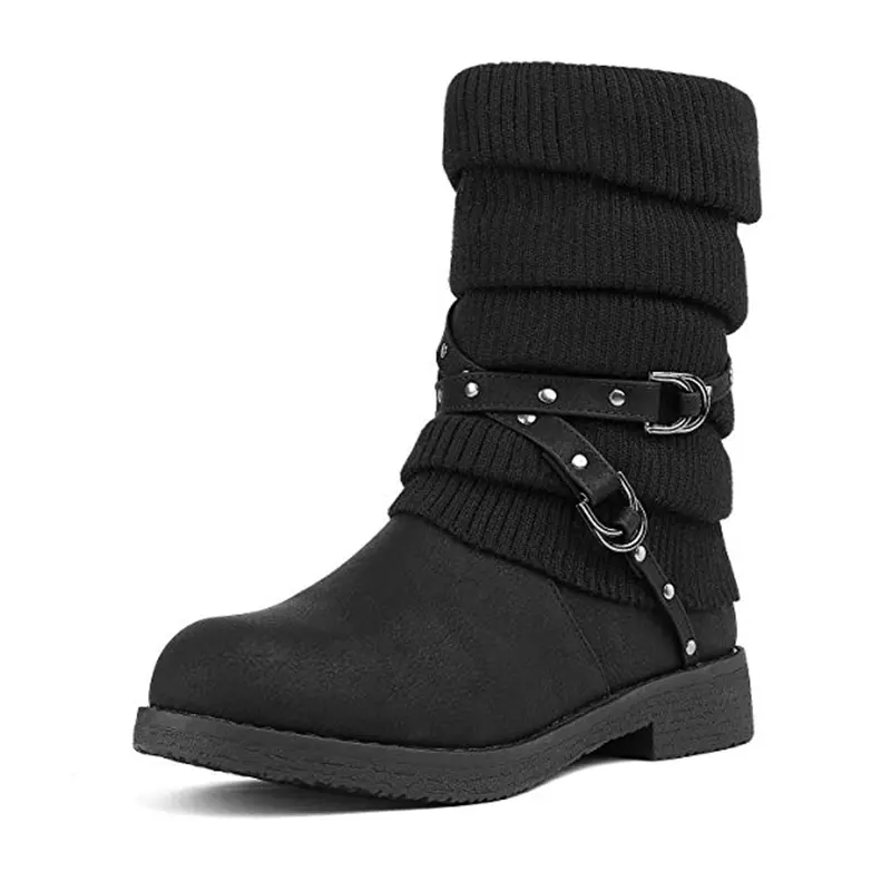 Dream Pairs Women's Mid-Calf Snow Boots - Ankle Buckle Strap, Crochet Knitted Cuffs, Soft Platform, Waterproof Seams, Warm Faux-Fur Lining, Traction Outsole, Block Heel, Round Toe, Side Zipper, Casual Winter Footwear, Buckle Strap Hold, Side Zipper Makes,