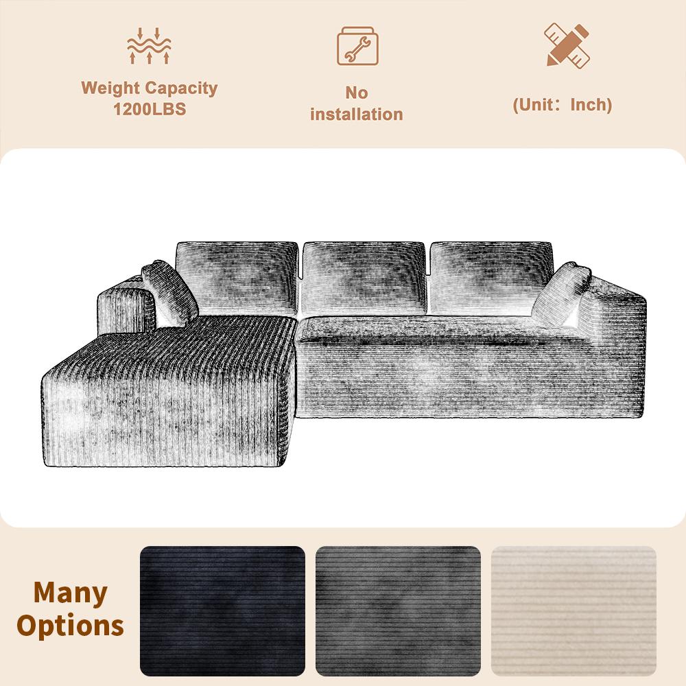 DIGWAC Modern Modular L-Shaped Recliner Sectional Corduroy Sofa with Fixed Arms - Comfy Couch, Durable Furniture for Living Room/Apartment, Upgraded Pocket Spring Base, Soft Fabric, Layered Memory Foam, Deep Seat, Pre-Assembled, Ships in 2 Packages, Sturd