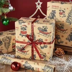 Christmas Wrapping Paper Roll 75"x23"-Vintage Raccoon Design, Raccoons Sleds Trees Snowflakes Oversized Gift Paper for Christmas New Year Birthdays