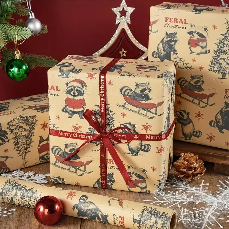 Christmas Wrapping Paper Roll 75"x23"-Vintage Raccoon Design, Raccoons Sleds Trees Snowflakes Oversized Gift Paper for Christmas New Year Birthdays