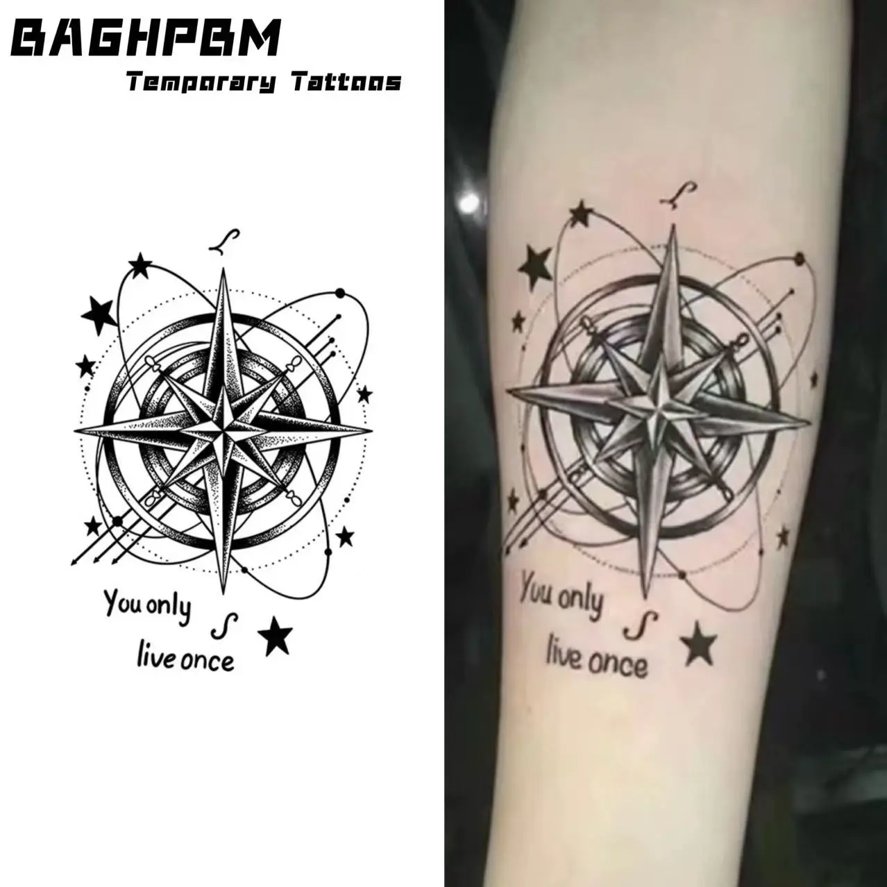 BAGHPBM Temporary Tattoos,Set of 4 Herbal-Patterned Tattoo Stickers: “Ten Thousand Stars Compass” Realistic Tattoos for Thighs (Unisex), Waterproof and Long-Lasting, Semi-Permanent