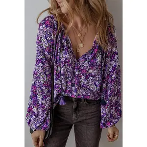 Purple Boho Flower Split V Neck Bubble Sleeve Blouse